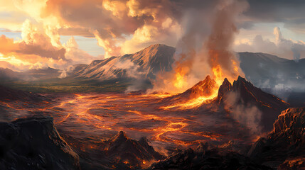 Fototapeta premium Dramatic volcanic landscape with steaming vents and rugged terrain, otherworldly. Volcanic Landscape. Illustration
