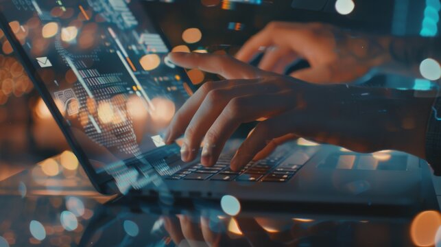 Hands typing on a laptop keyboard overlaid with digital data graphics, capturing the essence of technology and innovation in a modern context.