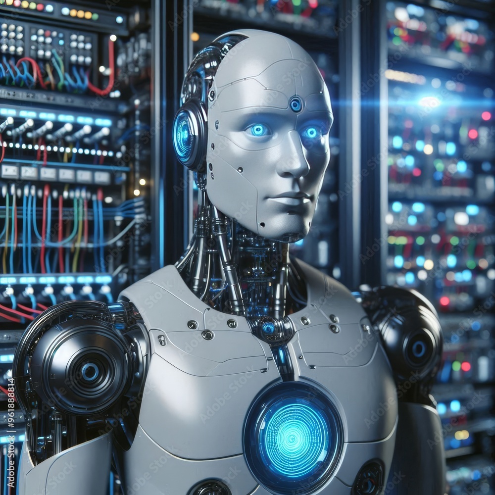 Poster a sleek, silver robot with glowing blue eyes stands confidently in a high-tech server room, surround