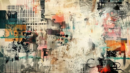 Fototapeta premium Abstract hand-drawn elements and fragmented patterns on a textured Dadaism backdrop