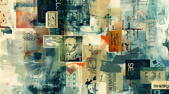 Dadaism background with vintage stamps and random numbers softly lit
