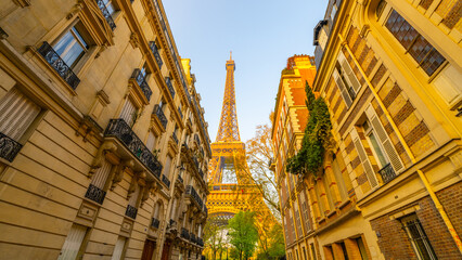 A charming Paris street basks in the soft morning light, showcasing elegant buildings and the...