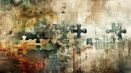 Abstract Dadaism backdrop with puzzle pieces subtle patterns and watercolor washes