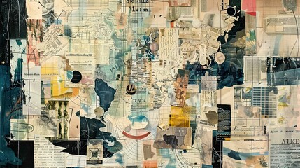 Fototapeta premium Vintage maps and abstract doodles blend in soft light on a Dadaism backdrop