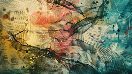 Obraz premium Book pages watercolor splashes and abstract lines blend into a Dadaism background
