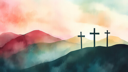 Calvarys silhouette evocative watercolor of jesus christs crosses on a hill. Rolling Hills. Illustration