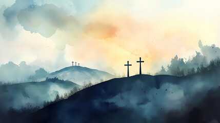 Fototapeta premium Calvarys silhouette evocative watercolor of jesus christs crosses on a hill. Rolling Hills. Illustration