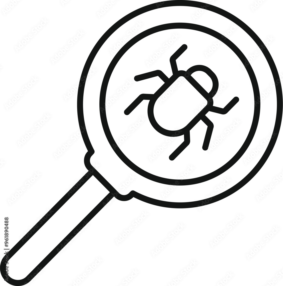Poster magnifying glass is used to investigate a software bug, symbolizing debugging and problem solving in
