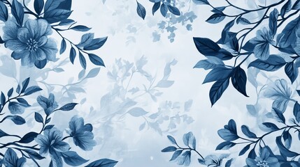 Obraz premium Abstract floral print featuring vintage-style hand-drawn flowers, leaves, and branches in shades of blue. Elegant vector design with a wintery ambiance.