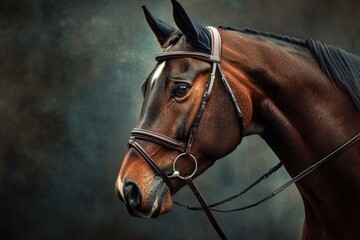 Fototapeta premium Bridle. Portrait of a Beautiful Brown Horse in a Head Harness
