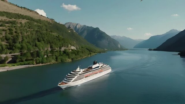A large luxury cruise ship sails on a large river amidst the mountains with an aerial view. Seamless 4K looping timelapse video animation background