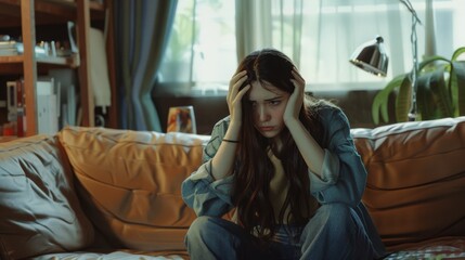 Obraz premium A woman sits on a couch in a cozy, low-lit room with her head in her hands, depicting a moment of stress or contemplation.