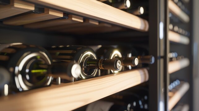Rows of wine bottles nestled in a wooden rack, bathed in soft, ambient light, evoking a sophisticated and serene atmosphere of a wine cellar.