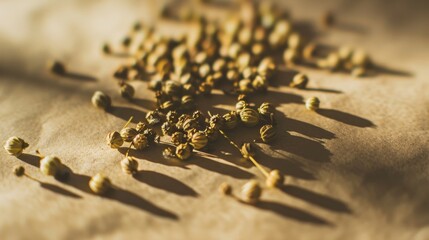 Coriander seeds casting long shadows in the warm afternoon sunlight on a textured paper surface, evoking rustic and earthy vibes.