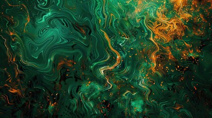 Chaotic emerald green and orange forms with intricate textures on a Neo-Expressionism backdrop