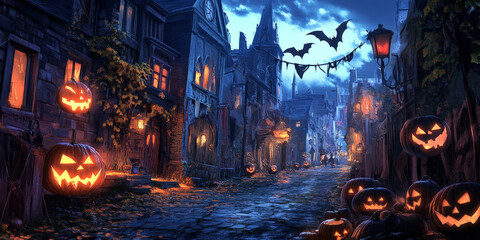 A dark Halloween alley filled with flickering lights, bats flying overhead, and shadowy figures lurking in the corners.