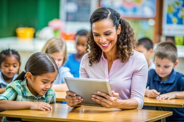 Teacher engaging students in modern classroom with digital tablet