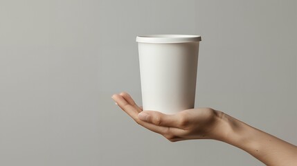 Minimalist Elegance: Hand Holding a Sleek, Empty White Tumbler for Modern Beverage Styling