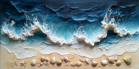 Waves crashing on a beach with seashells scattered in the soft sand

