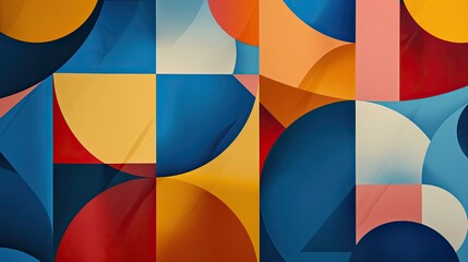 Obraz premium Bauhaus wallpaper with overlapping geometric shapes in vibrant blues reds and yellows soft shadows