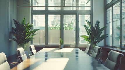 A stylish, well-lit boardroom with green plants, large windows, and a long table, ready for a professional meeting or conference.
