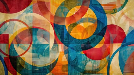 Fototapeta premium Swirling circles and straight lines in primary colors on a Bauhaus wallpaper accented by textures