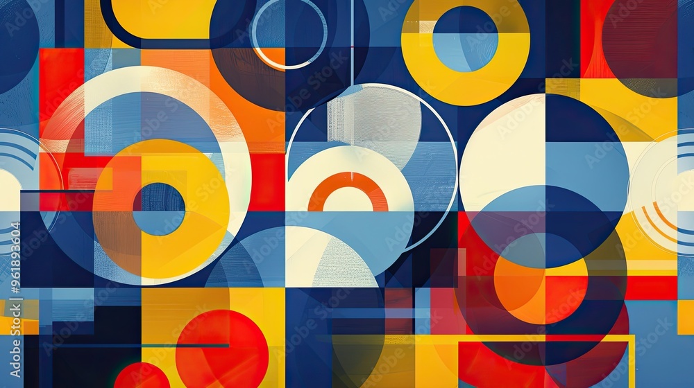 Wall mural concentric circles and squares in primary colors on a bauhaus background with soft light effects