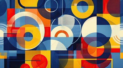 Obraz premium Concentric circles and squares in primary colors on a Bauhaus background with soft light effects