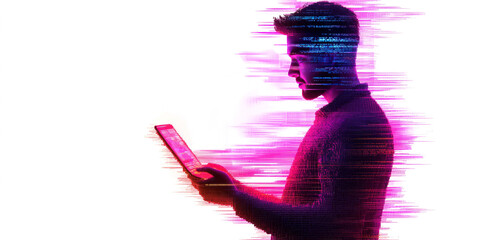 Digital Dissolution: A lone figure fades into a stream of data, illuminated by the glow of his laptop, embodying the fusion of man and technology in the digital age. 