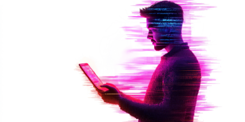 Digital Dissolution: A lone figure fades into a stream of data, illuminated by the glow of his laptop, embodying the fusion of man and technology in the digital age. 