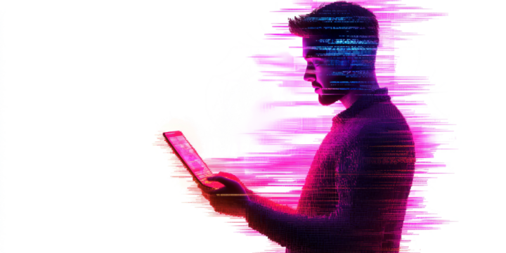 Digital Dissolution: A lone figure fades into a stream of data, illuminated by the glow of his laptop, embodying the fusion of man and technology in the digital age. 
