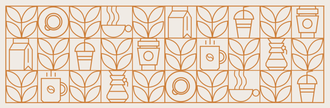 Hand drawn illustration of Bakery and Coffee. Icons. Abstract geometric line background. Gold luxury. Pattern for cover design, food package, menu, background, café wall, coffee shop, web banner