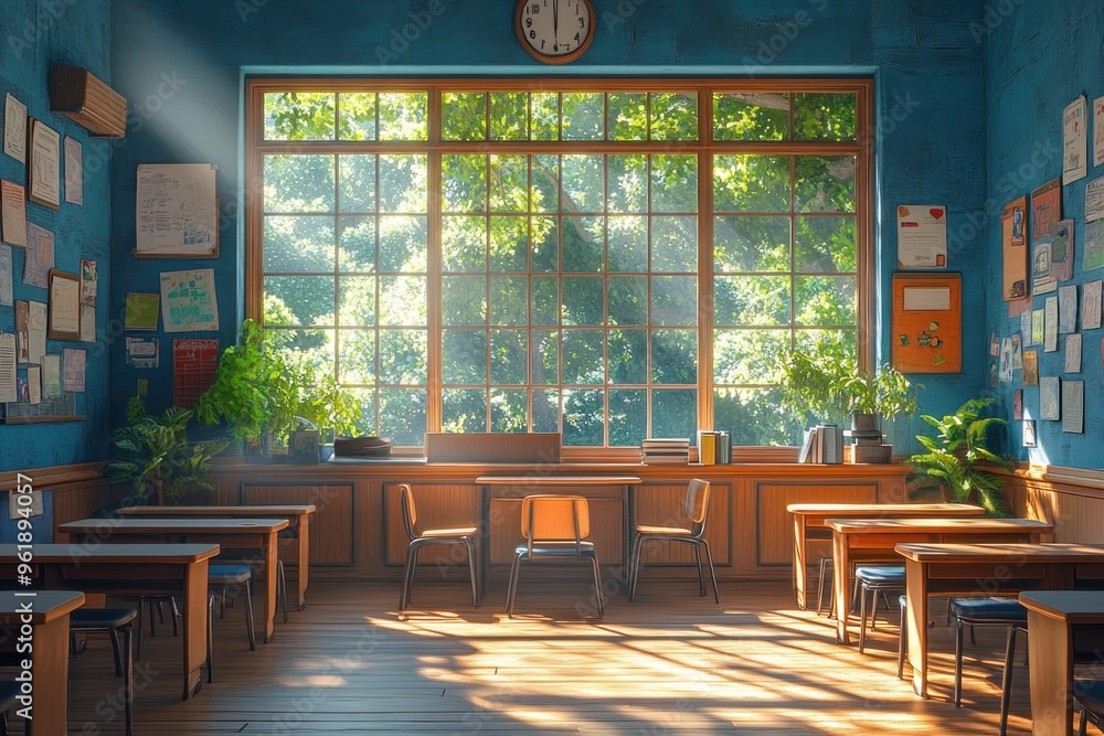 Poster empty classroom with sunlight streaming through window