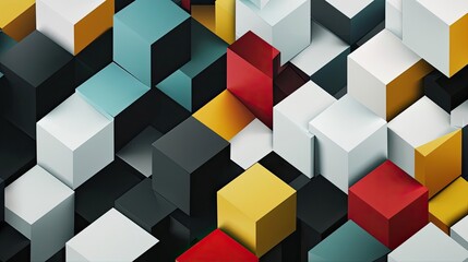 Naklejka premium Interlocking polygons in primary colors on a Bauhaus backdrop accented by soft gradients and clean lines