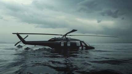 Obraz premium A downed helicopter partially submerged in water under a gloomy, overcast sky, presenting a sense of desolation and mystery.