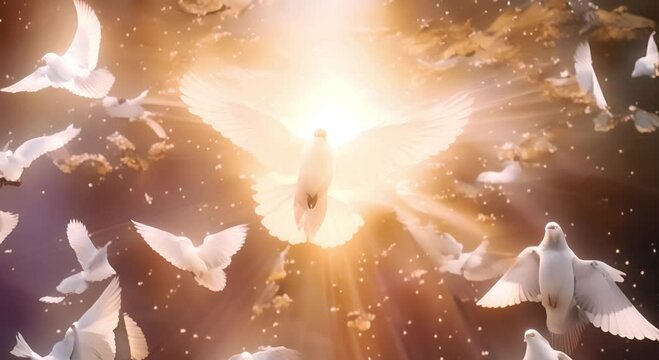 White Doves Soaring Through a Blue Sky with Bright Light