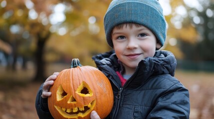 Fototapeta premium A young boy is holding a pumpkin with a carved face