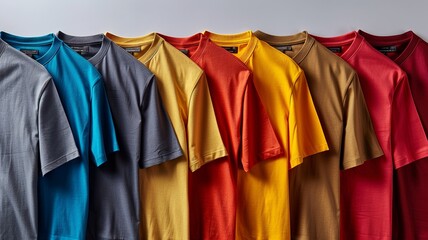 A captivating collection of colored t-shirt templates for men, featuring diverse fabric textures and prints. Each template is displayed individually to highlight its unique style and appeal.