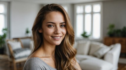 close-up of beautiful girl with curly dark hair  in a cozy living room