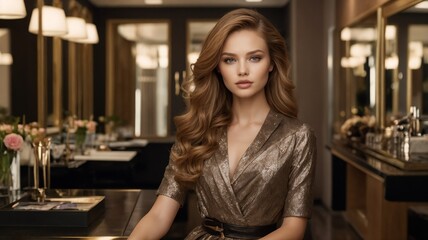 medium shot of beautiful girl with curly hair In a High-End Restaurant