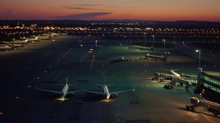 Fototapeta premium An aerial view of an expansive airport at dusk, with planes parked and the city lights twinkling in the background, capturing a serene yet bustling atmosphere.