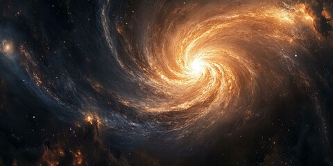 A swirling orange galaxy in a vast dark space.