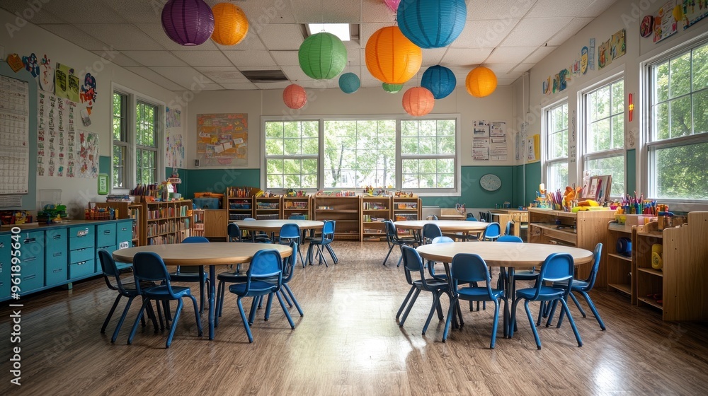 Poster empty classroom with colorful paper lanterns