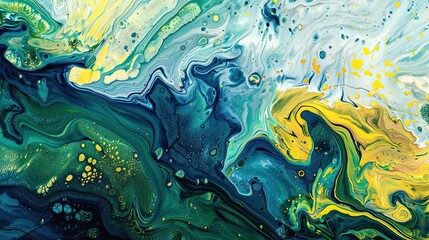 Fauvist backdrop with organic shapes and intense blues greens and yellows layered