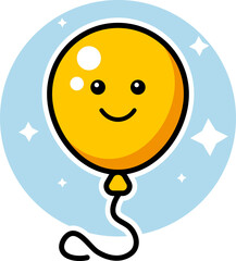 Illustration of a cheerful yellow balloon with a smiley face and stars on a light blue background.
