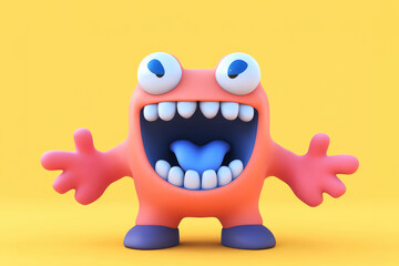 A jovial red monster with big eyes and a blue tongue sticking out, illustrating a fun and playful vibe on a yellow backdrop.