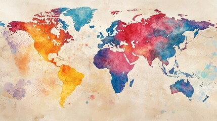 A vibrant watercolor map of the world, blending colors and textures to create a stunning visual representation of global geography.