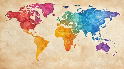 A vibrant watercolor world map showcasing colorful continents on a textured background, perfect for educational or decorative use.