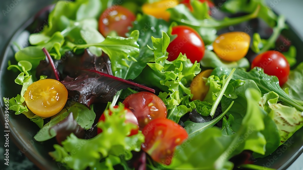 Poster A salad with cherry tomatoes, greens, and a vine.