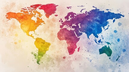Colorful watercolor world map illustrating continents with vibrant shades, ideal for travel, education, and global themes.